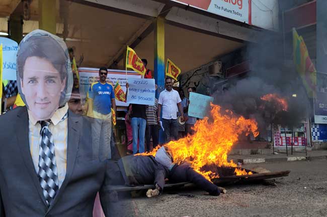 வவுனியாவில் கனடா பிரதமரின் உருவ பொம்மை எரிப்பு